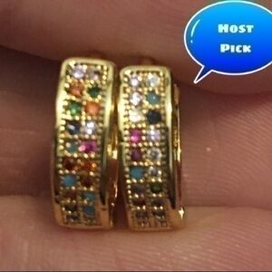 Gold plated multi colored stone huggie earrings